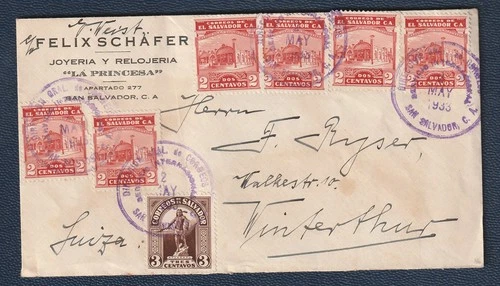 EL SALVADOR 1933, airmail cover to Suisse, Sc.496(6),497, 15C. franking