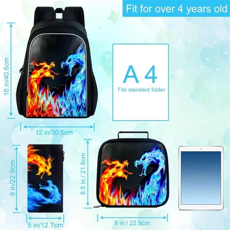 Mochila 3 PIEZAS para Niños, 16 Pulgadas Niños Rojo Azul Dragón de Fuego Resistente al Agua Pre... Foto 4 de 4