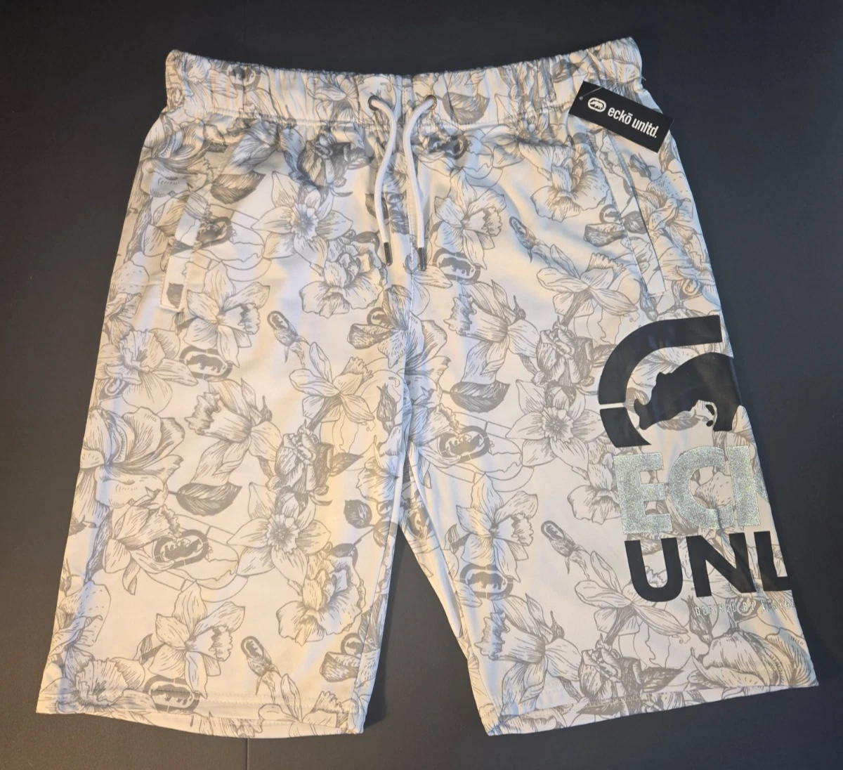 Ecko Unltd White Floral Shorts White/Gray/Black Activewear Men's Size L NWT