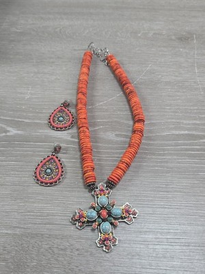 F.A.I.T.H. Large Jeweled & Stone Orange Cross Necklace with Post Earrings HSN