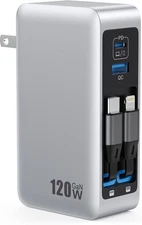 120W USB C Charger Block with 2 Built-in Retractable Cables,4-in-1 GaN IV Fol...