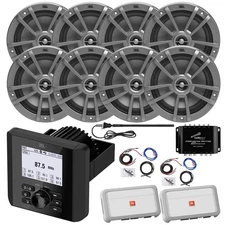 Marine Receiver, 8x 6.5" 180W Boat Gray Speaker, 2x Amp w/Kit, Splitter, Antenna