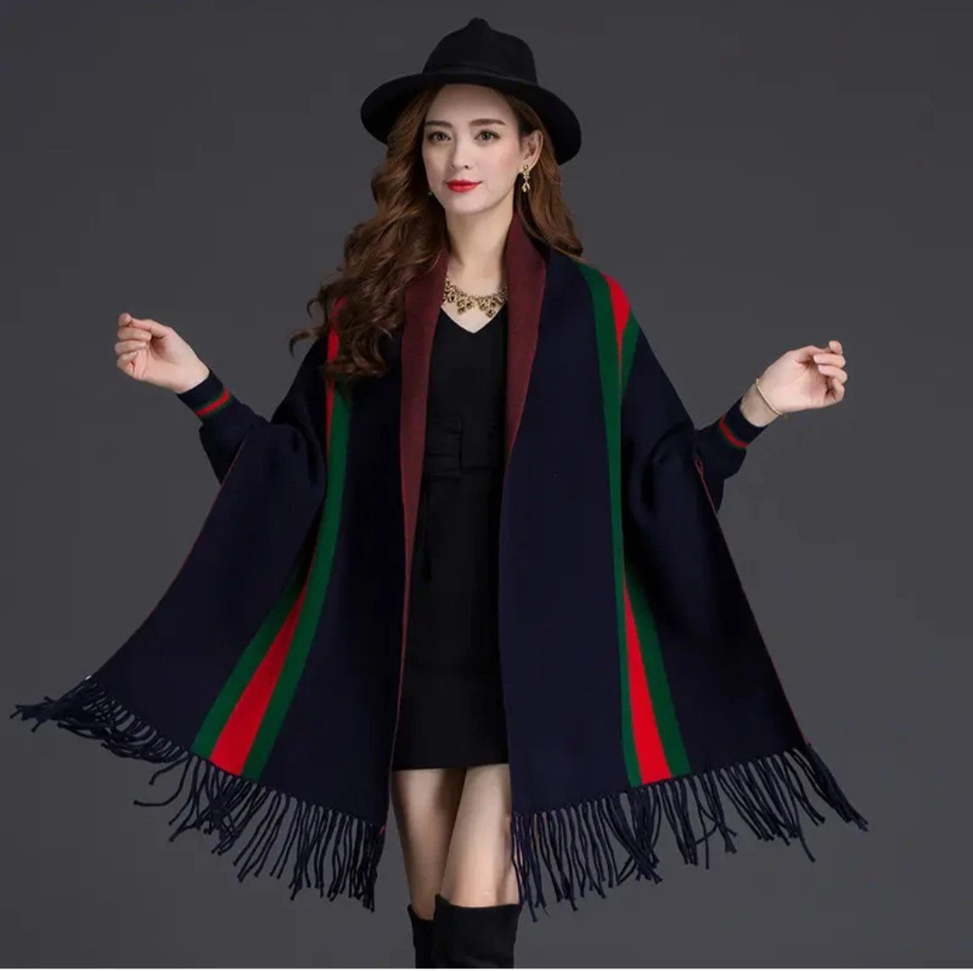 women winter new fringed stripe sleeve cape double sided thickened big scarf