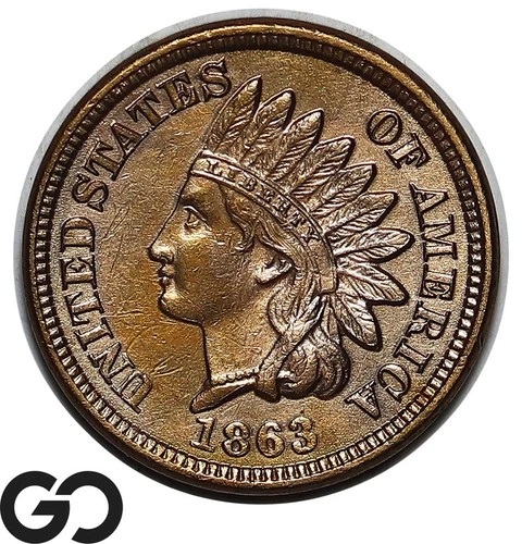 1863 Indian Head Cent Penny, Choice Uncirculated Civil War Date