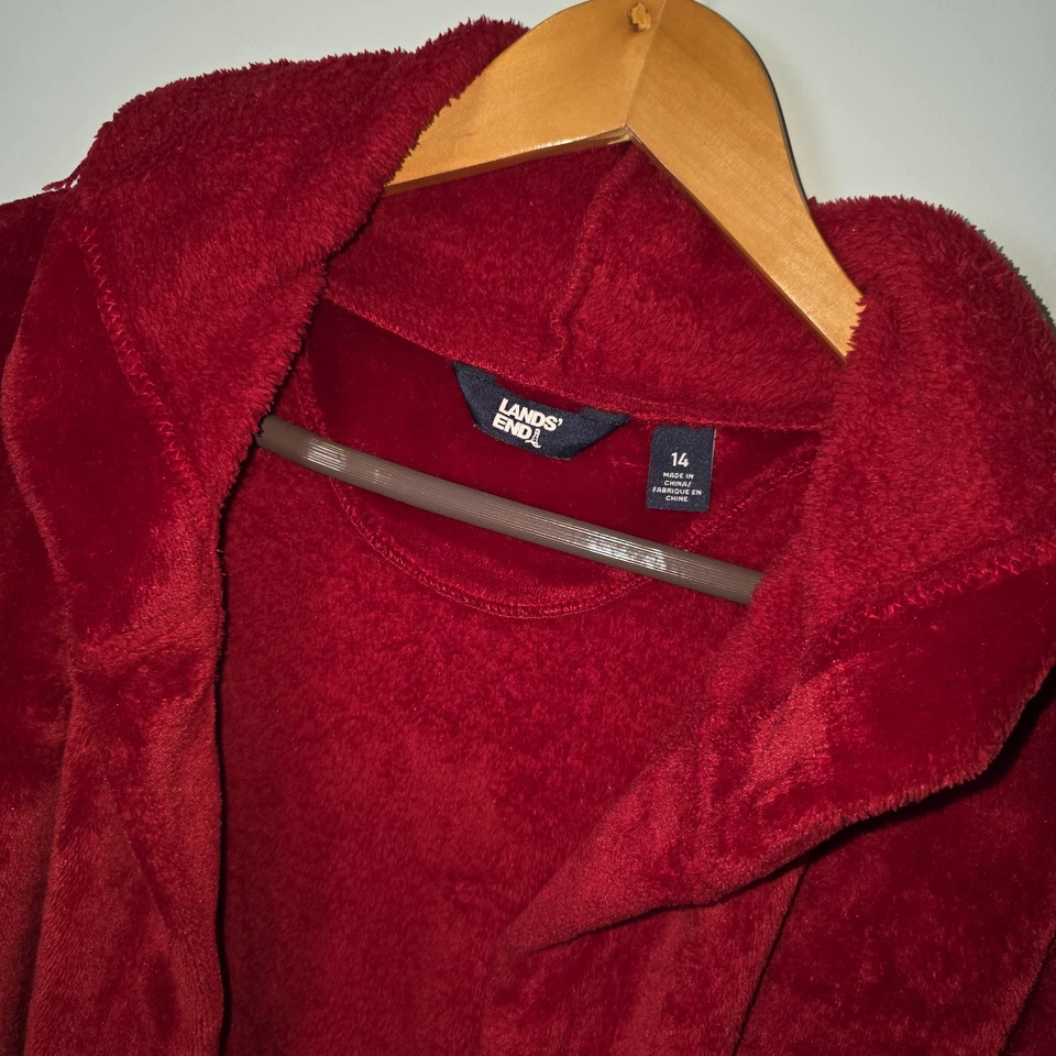 Lands End Suave Acogedora Bata Roja con Capucha Niños 14 Cálida Navidad Vacaciones Suave Foto 2 de 4
