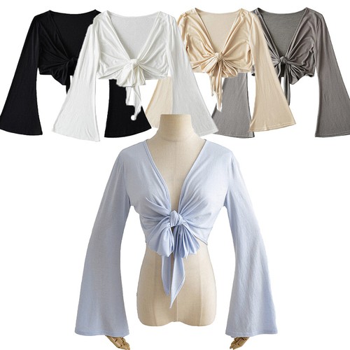 Women Ballet Wrap Top Long Flare Sleeve Yoga Dance Crop V Neck Soft Shirts - Picture 6 of 30