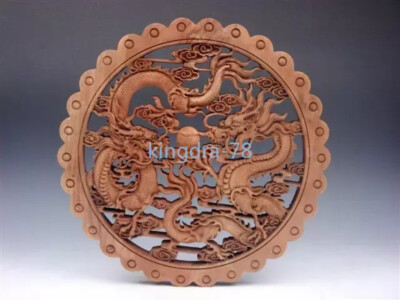 Camphor Wood Furious Double Dragons Pearl Ball Carved Large Hanging Panel
