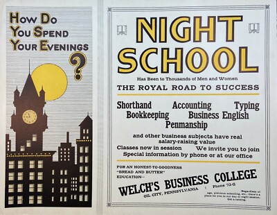 RARE Advertising Sign - Welch Business College Oil City PA Night School ca 1920s