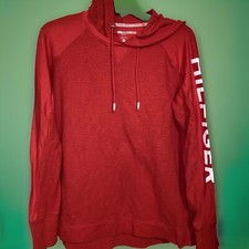 Tommy Hilfiger maglia sportiva donna con cappuccio rosso maglione manica lunga nuovo senza etichette