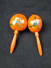 VINTAGE MARACAS HAND PAINTED MEXICAN SHAKERS Orange