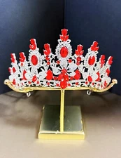 Silver Crystal Tiara, Bridal Flower Tiara, Red Crystal Tiara, Wedding Headpiece
