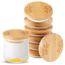Wooden Lids for Oui Yogurt Jars with Silicone Sealing Rings Leaves Pattern