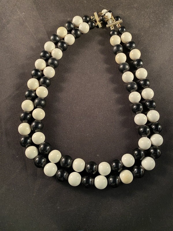 Vintage 1940's-1950's Plastic Beaded Black White Double Strand Necklace Japan 