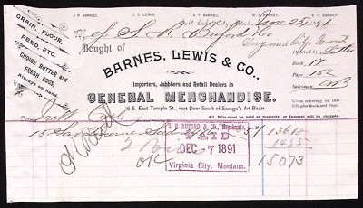 1891 Barnes Lewis & Co Grain Flour Feed Fresh Eggs SALT LAKE CITY  Billhead 4.5''