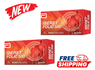 2X 30 Tablets Abbott IBERET Folic 500 With B Complex, Iron Vitamin C, Folic Acid