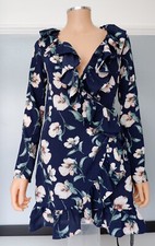 pretty little thing NEW Dress Wrap Over Floral Size 36 Uk 8 Blue Bnwts