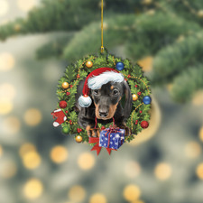 Dachshund Dog Christmas Wreath Ornament, Dachshund Dog Merry Christmas Ornament