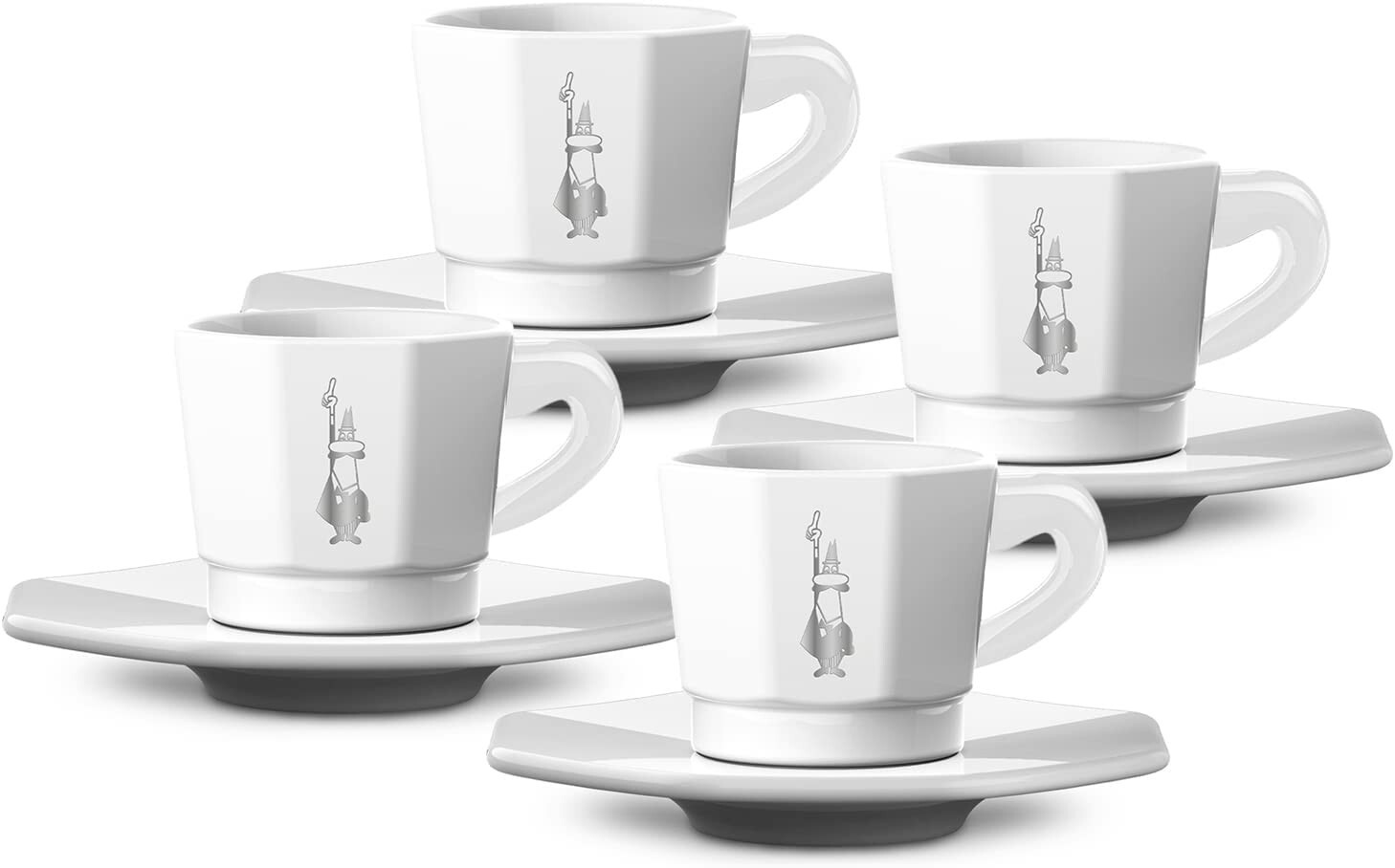 Bialetti Tazzine Perfetto Moka Ottagonali Set 4 Tazzine Bianco e Silver 75...