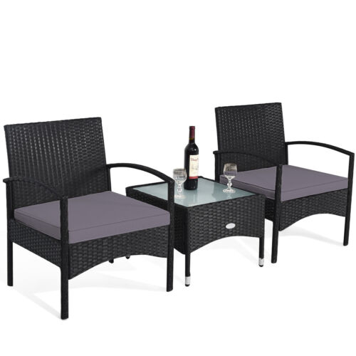 3 PCS Patio Wicker Rattan Furniture Set Coffee Table & 2 Rattan Chair W/Cushion