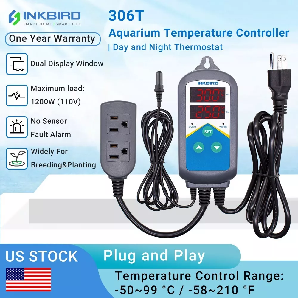 Inkbird Heating Thermostat Aquarium Reptile Submersible Probe Sensor  ITC306T Relay Digital Greenhouse Temperature Controller Dual Stage Timer  Switch Only Heat Plug Outlet No Cooling