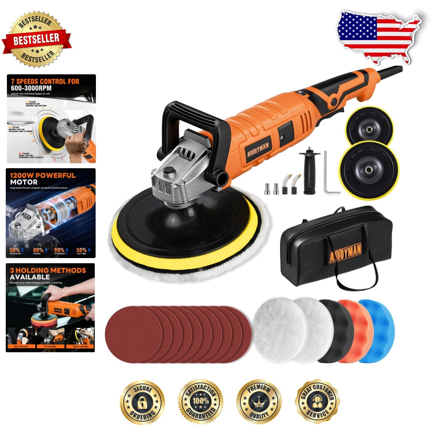 7-Speed Rotary Polisher Set with Detachable Handle - Ideal for Car and Boat Care