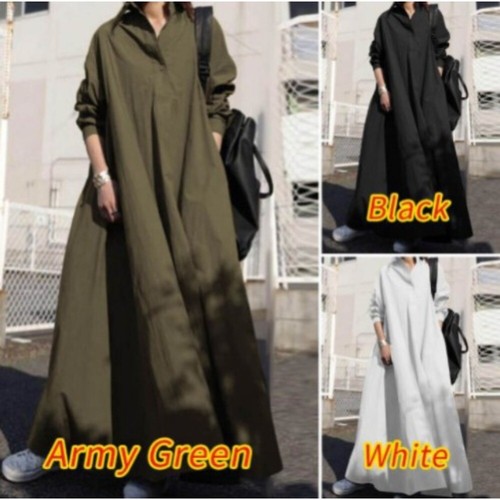 Solid cotton and linen dress with long sleeves and big swing