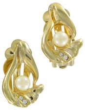 Faux Pearl Clear Rhinestone Gold Clip On Earrings Womens Jewelry 7/8"