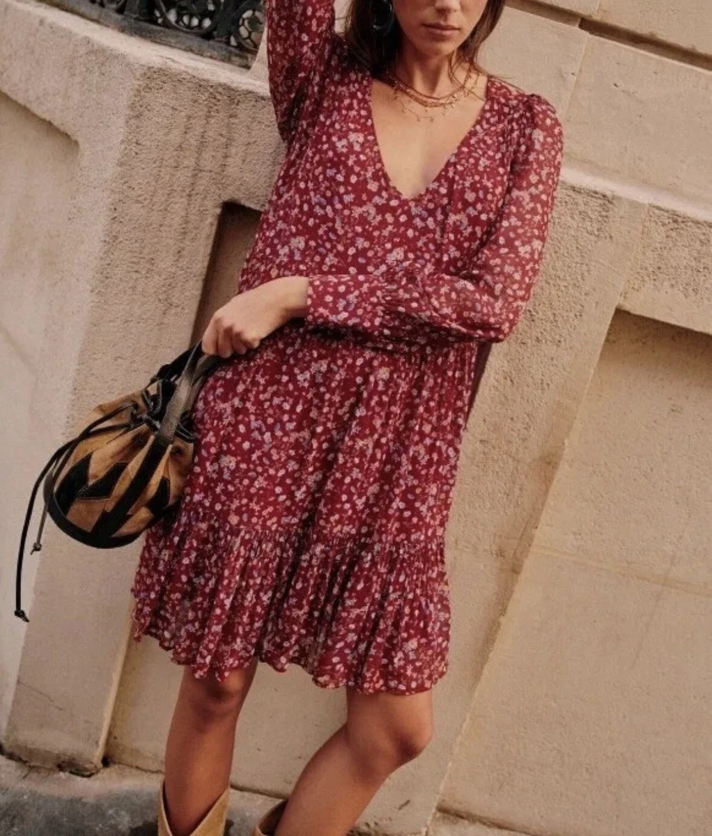 SEZANE AURENA DRESS BURGUNDY FLOWERS Babydoll Size 34