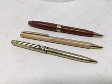 3 Vtg Ballpoint Pens Gold Colibri Japan  + 2 Turned Wood One Marked GM Fleet Com