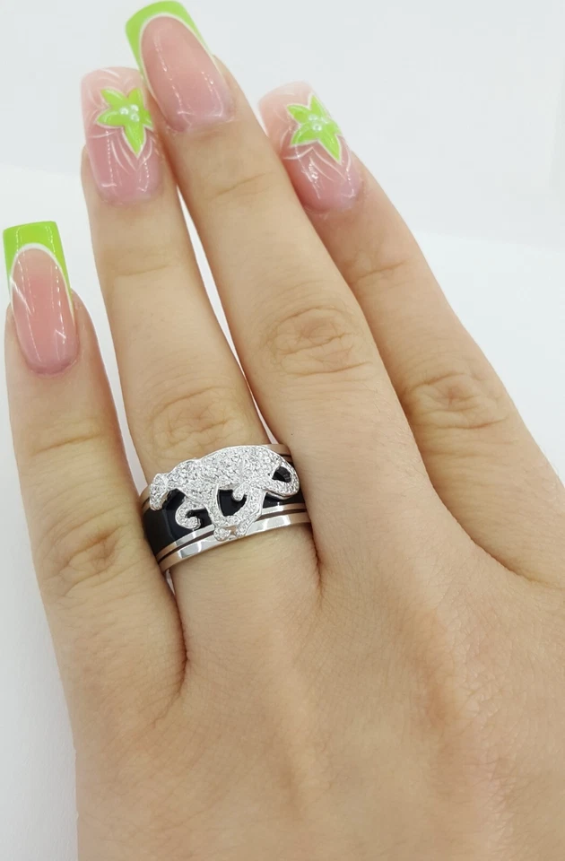 Chaqueta Pantera Diamante Hidalgo y Anillo Diamante Esmalte Negro Oro Blanco 18K Foto 3 de 4