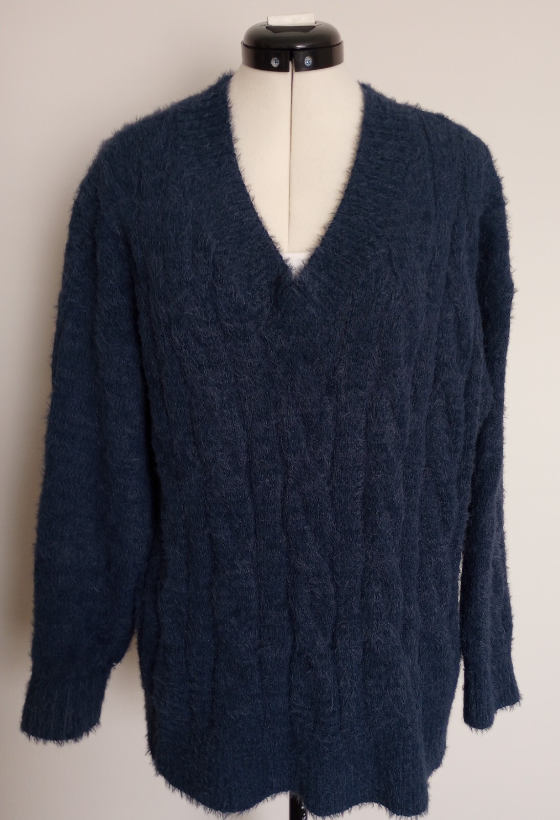 Lucky Brand Fuzzy Sweater Womens Large Blue Cable Knit V-Neck Pullover Jumper