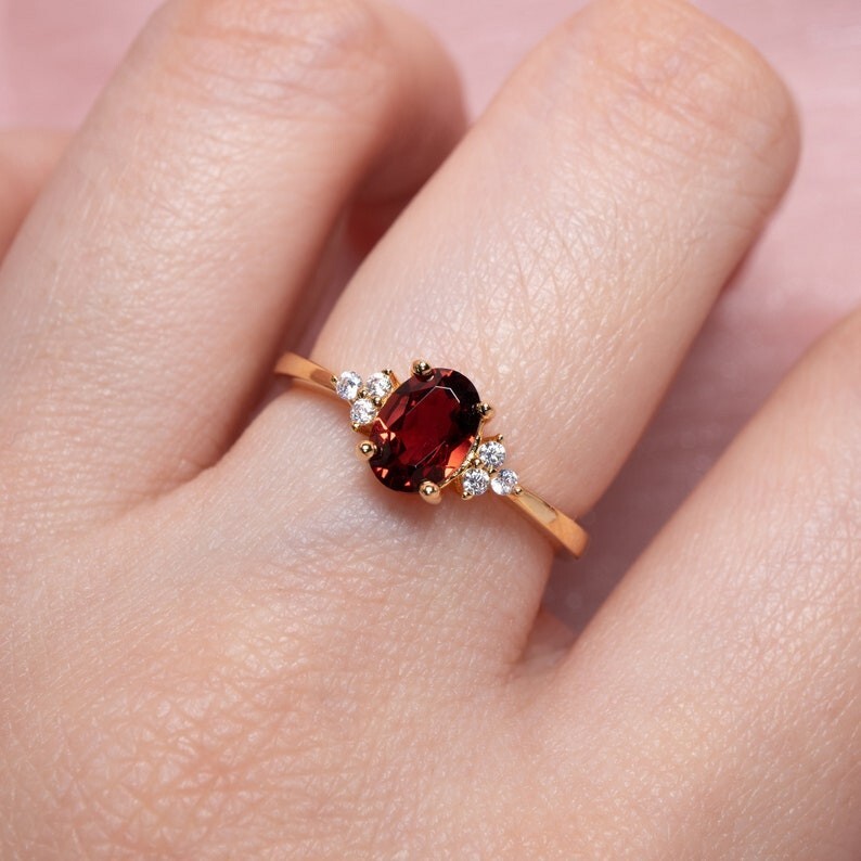 Art Deco Oval Cut Natural Garnet 14K Yellow Gold Plated On Silver Cocktail  Ring