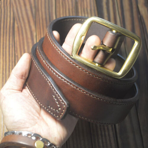 Hand Sewing Custom made Full grain Saddle Leather Durable Belt Brass Buckle - Picture 8 of 9