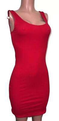 Red Ribbed Tank Mini Dress Cotton Stretch Fitted Party Vacay Mini M Sexy Pencil