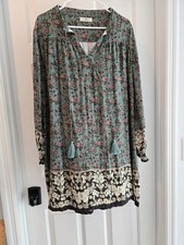 Natural Life Dress L Floral 100% Rayon Green Cream Tasseled