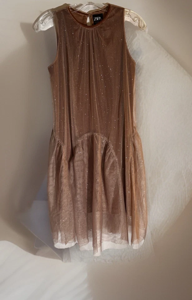 Zara новый с Ярлыками платье блестящий Роза падение талии тюль коричневый девочек 13-14 - Изображение 2 из 4