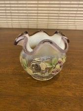VTG FENTON Purple Opalescent Grape PAINTED Art Glass Rose Bowl Vase 4"H SIGNED