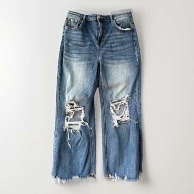 RISEN High Rise Straight Crop Jeans Size 32 Medium Wash Distressed 