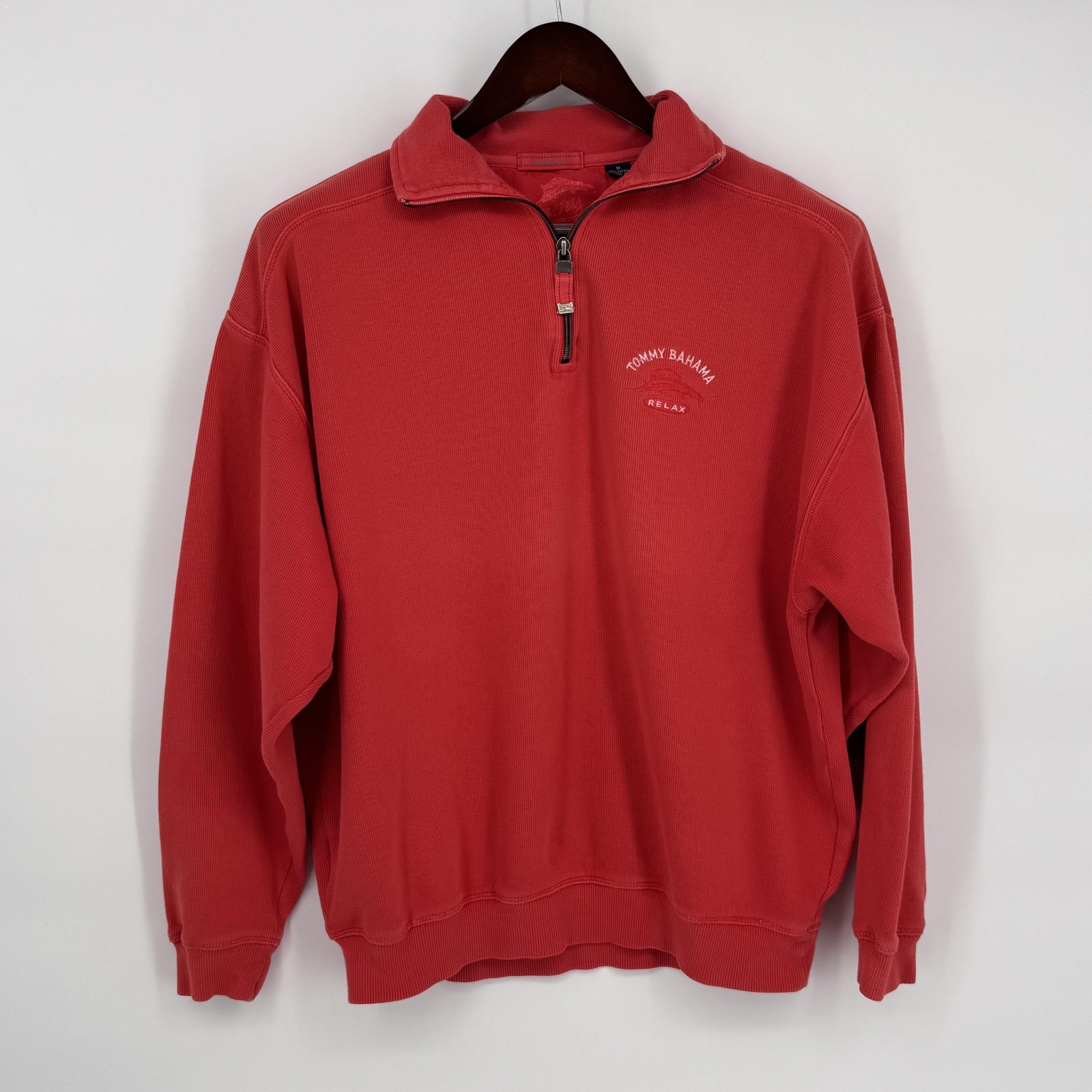 Tommy Bahama Sweatshirt Mens Medium Red 1/4 Zip Mock Neck Relax Logo Cotton