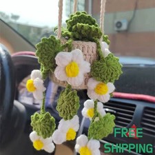 White Crochet Flower Car Mirror Hanging Plush Woven Decor