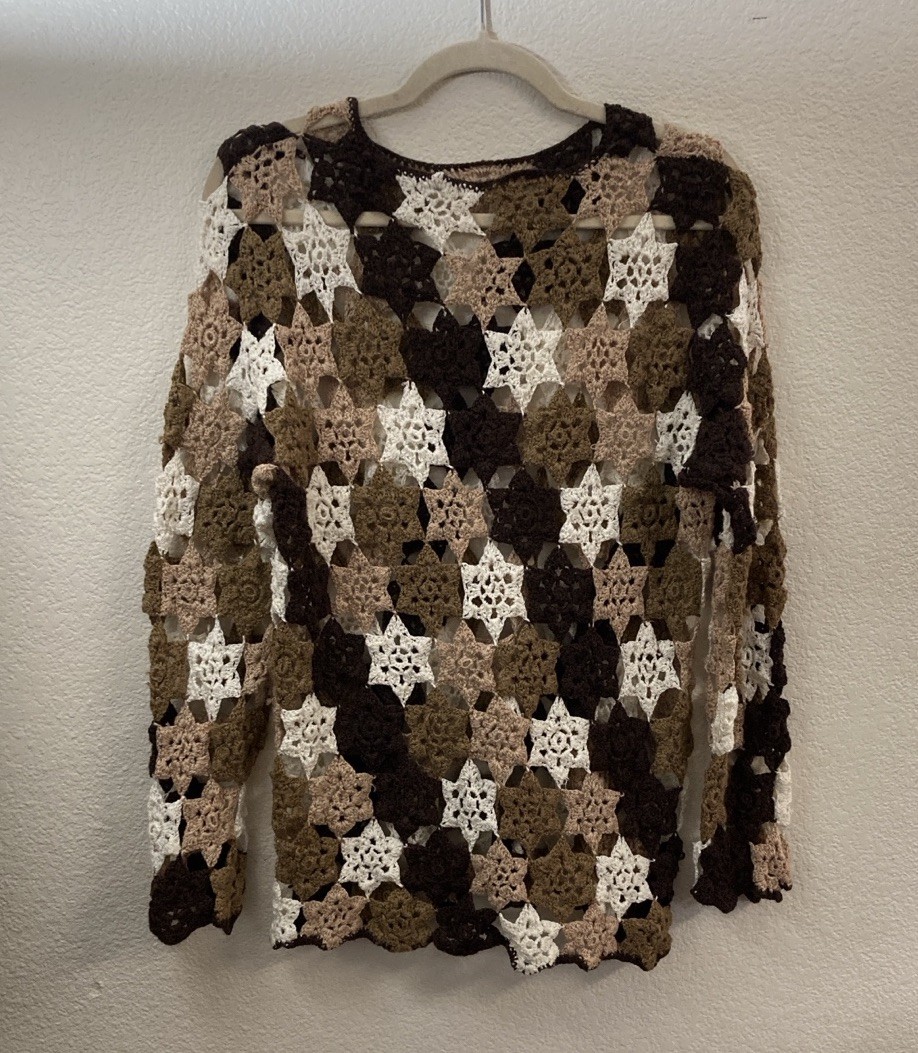 Crocheted Patchwork Top Sweater Browns Cream Boho… - image 2