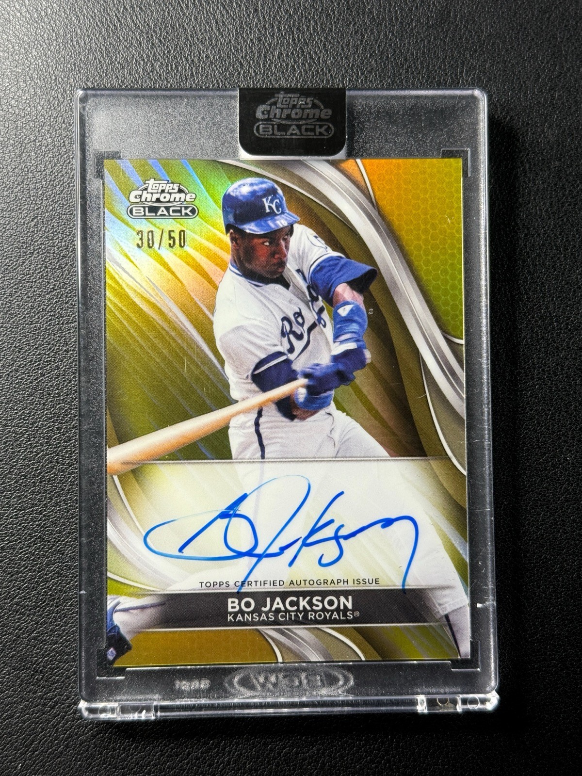 BO JACKSON 2024 TOPPS CHROME BLACK TRUE GOLD REFRACTOR ON CARD AUTO ROYALS /50