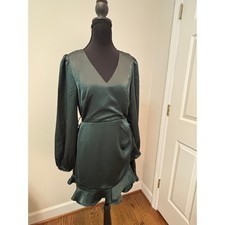 Heatherly Green Long Sleeve Mini Faux Wrap Dress in Green with Ruffled Hem