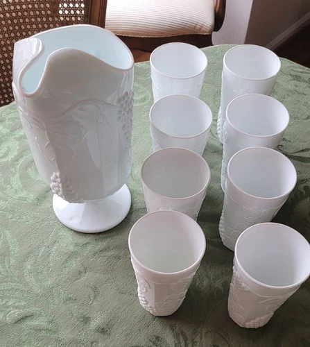 Vintage Indiana Colony Harvest Grape Milk Glass 8 - 12 oz Tumblers & Pitcher