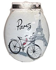 Cushioned Vinyl Toilet Seat w/ Lid, 17" Standard Round, Paris Theme