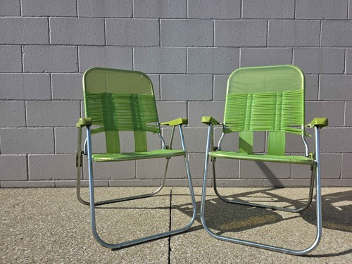 2 Vintage Green Vinyl Jelly Tube Folding Lawn Chair Beach Deck Patio Retro 