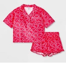 Art Class Girls Red Pink Heart Print 2 Pc Pajama Set Shorts Button Shirt L 10/12