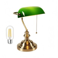 Firvre Green Glass Bankers Desk Lamp Brass Base Vintage Library Lamp Pull Chain