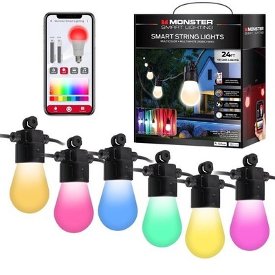Monster 24 ft Smart String Lights with 12 LED Lights for Outdoor Lighting & Back