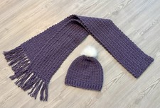 Handmade Crochet Textured Beanie Hat Scarf Set 72 Knit Wrap Smoky Purple
